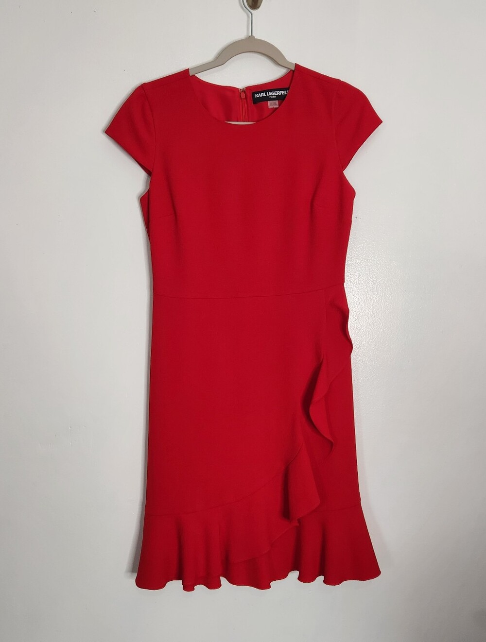 Karl Lagerfeld Paris Red Cap Sleeve Faux Wrap Ruffle Sheath Dress Womens Size 2